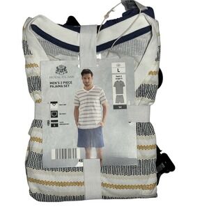 Royal Class Mens 2 Piece Pajama Set V Neck T Shirt Shorts Blue Stripe Size L